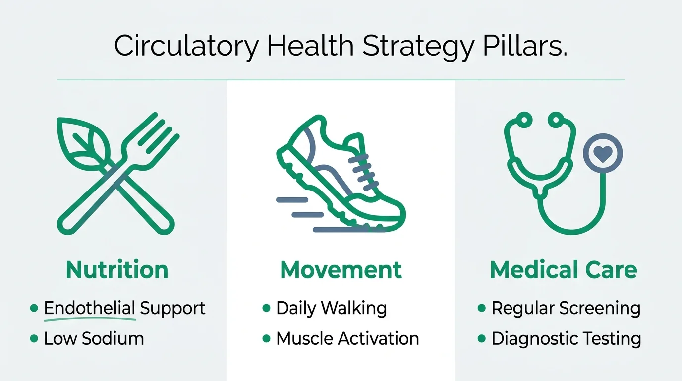 An infographic showing three pillars of health: Nutrition, Movement, and Medical Care with specific tips for circulation.