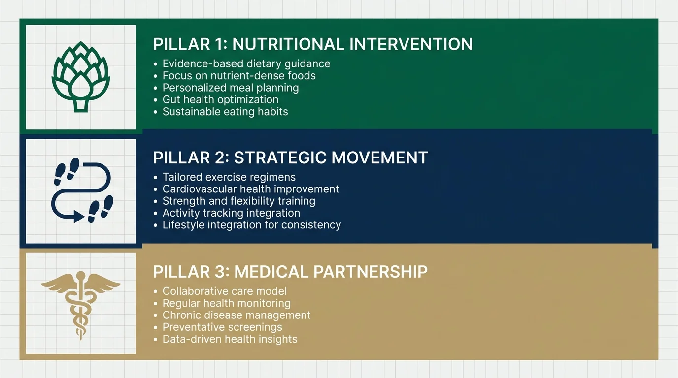 An infographic showing three pillars of liver support: Nutrition, Movement, and Medical Partnership.