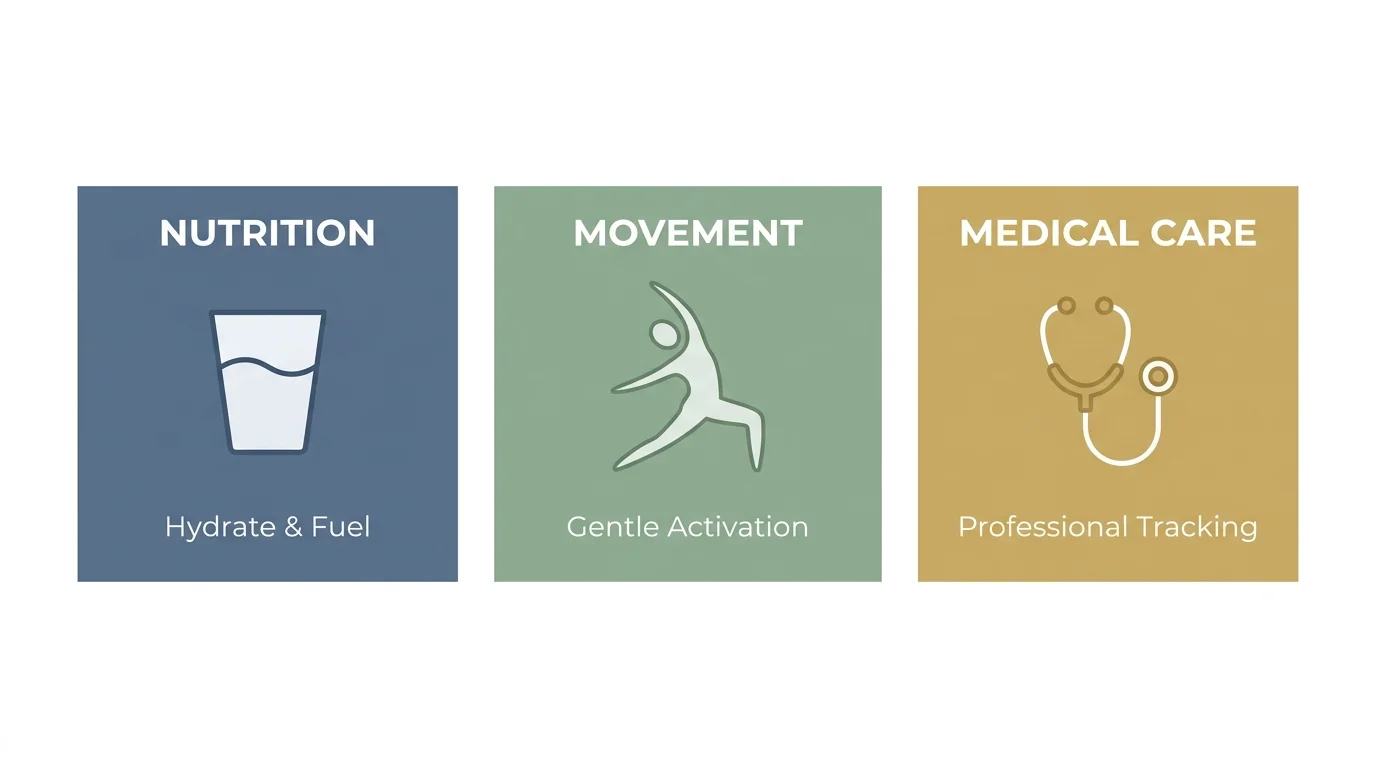 An infographic showing three pillars of morning health: Nutrition, Movement, and Medical Care.