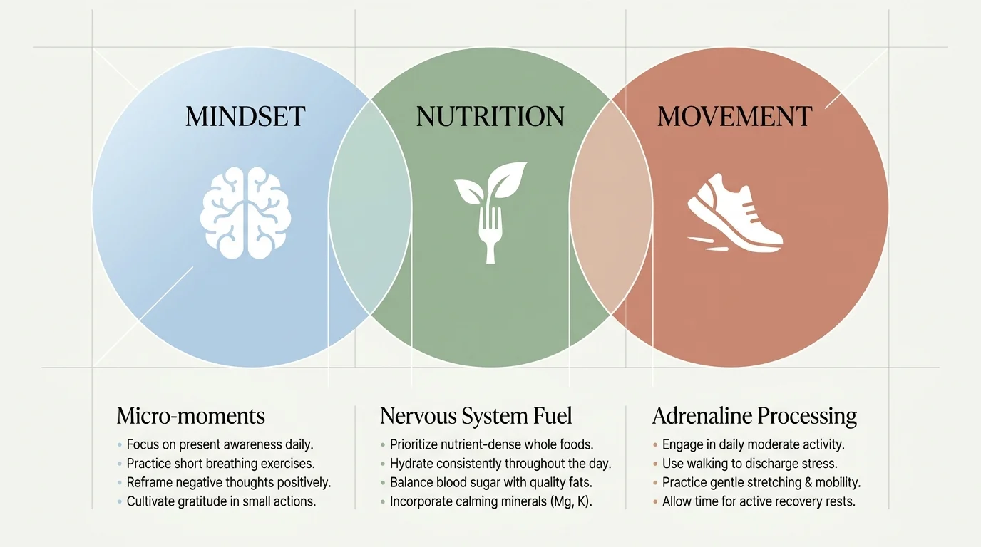 An infographic with three circles labeled Mindset, Nutrition, and Movement, each with a corresponding icon and bullet points.