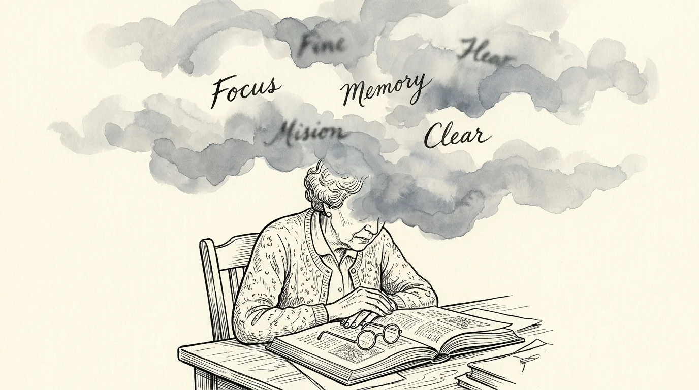 An ink and gouache illustration of a woman at a desk with soft clouds floating around her head, symbolizing cognitive fog.