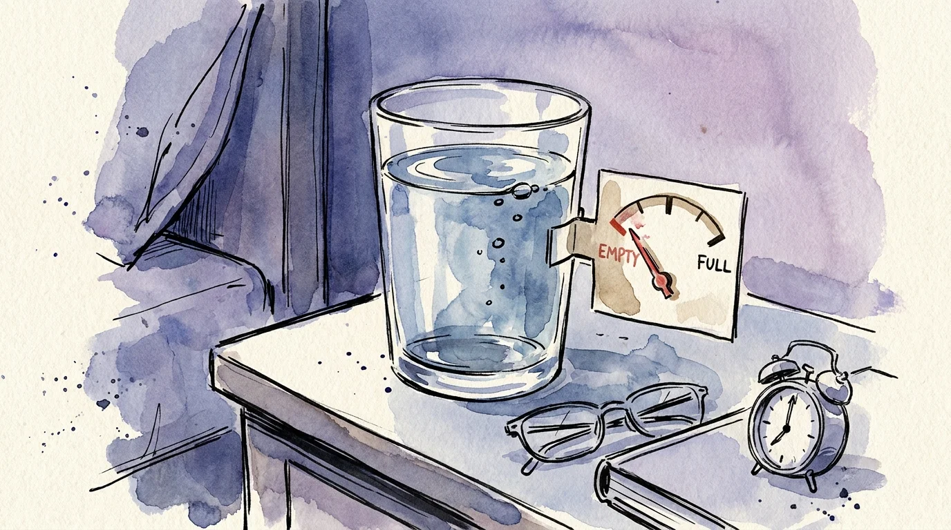 An ink and watercolor drawing of a full glass of water with a gauge pointing to empty, representing a failing thirst mechanism.