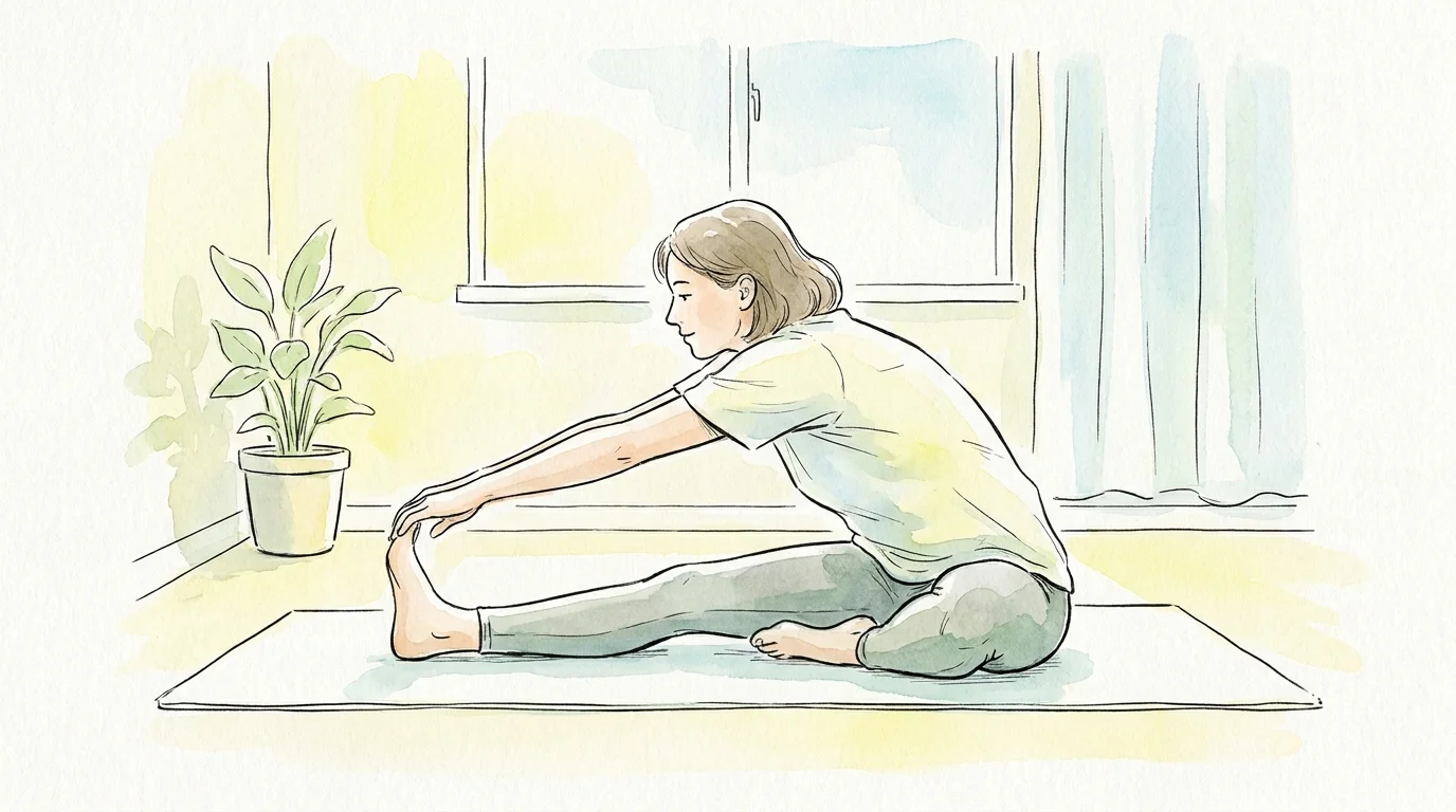 An ink and watercolor drawing of a person doing a gentle leg stretch on a mat in a bright, airy room.