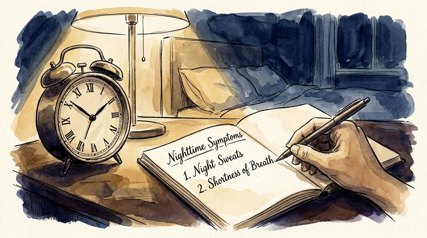 An ink and watercolor illustration of a hand writing down symptoms in a notebook on a nightstand by candlelight.