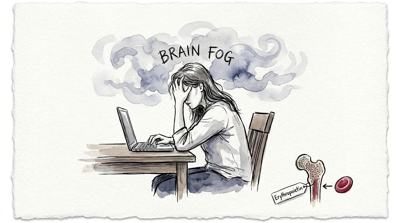 An ink and watercolor illustration of a person feeling fatigued, with grey clouds representing brain fog.