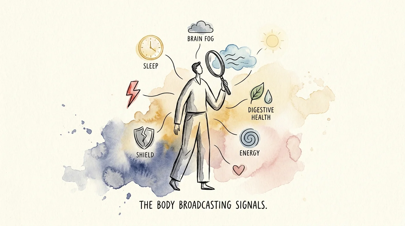 An ink and watercolor illustration showing a person observing floating symbols representing recovery warning signs.