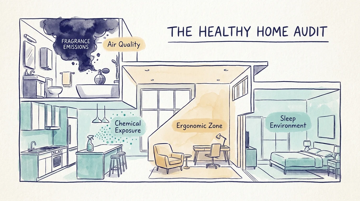 An ink and watercolor sketch of a home interior with highlighted areas representing environmental headache triggers.