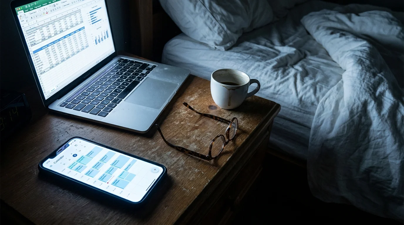 An iPhone-style photo of a glowing smartphone and laptop on a nightstand at 3 AM, surrounded by coffee and glasses in a dark room.