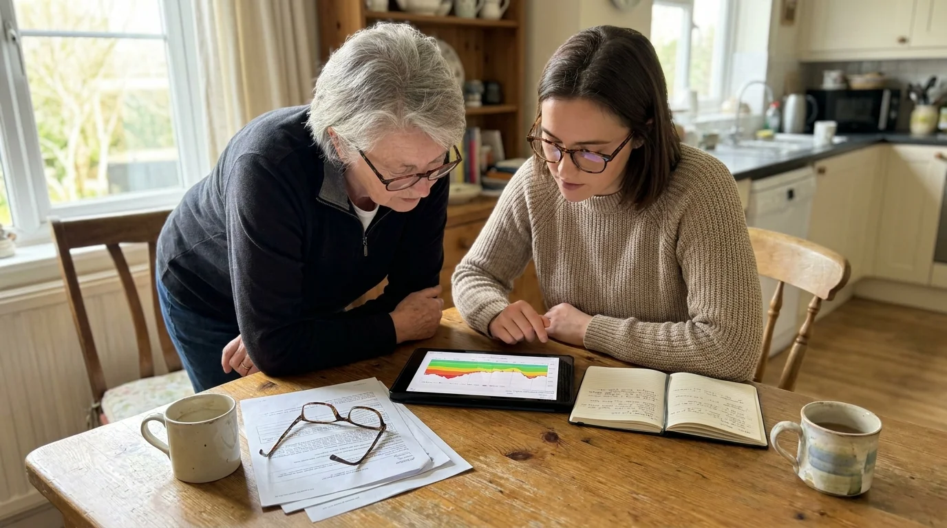 An older adult and a healthcare professional looking at health data on a tablet in a home environment.