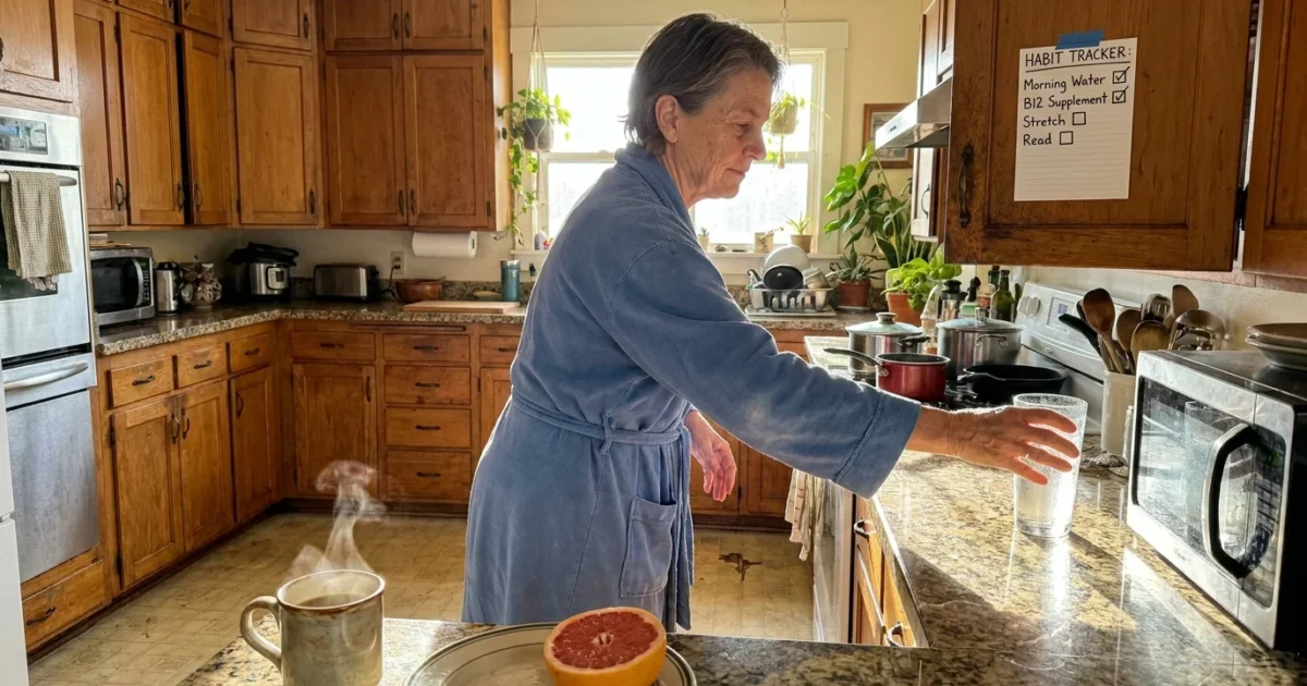 An older adult in a sunlit kitchen checking off a hydration routine on a handwritten list.