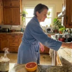 An older adult in a sunlit kitchen checking off a hydration routine on a handwritten list.