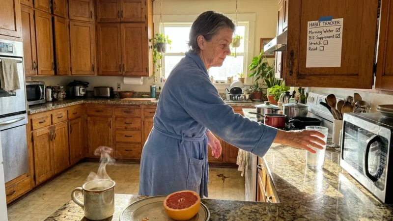 An older adult in a sunlit kitchen checking off a hydration routine on a handwritten list.