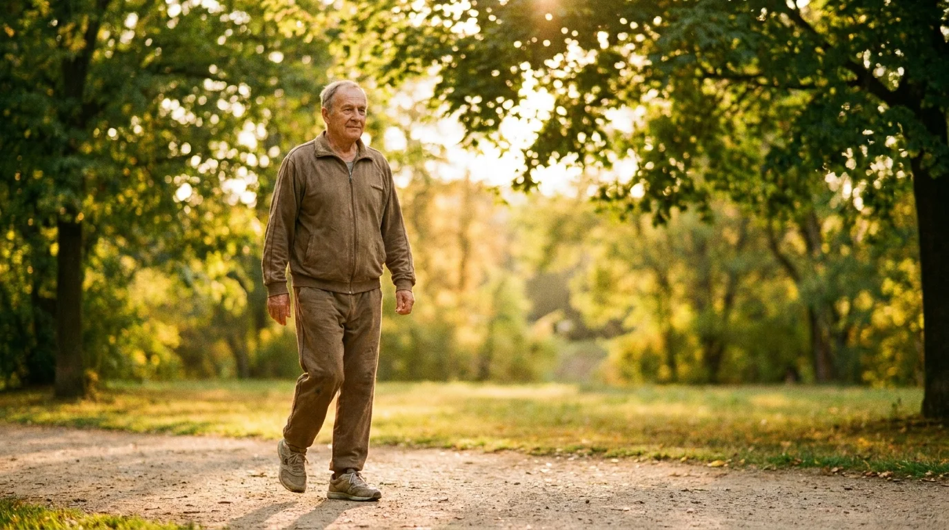An older man walking on a sun-dappled park path during late afternoon.