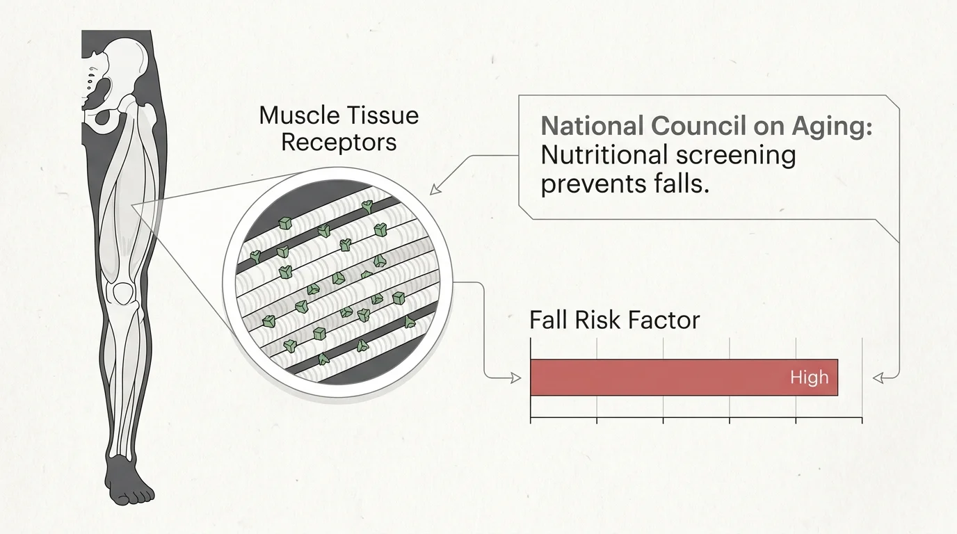 Anatomical diagram of a leg muscle showing vitamin D receptors and a bar chart indicating increased fall risk.
