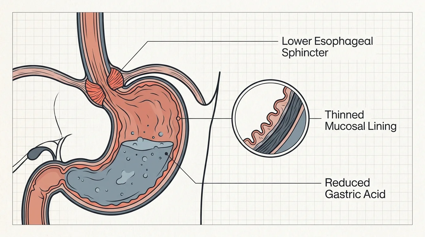 Anatomical diagram of the stomach and esophagus showing the lower esophageal sphincter and thinned mucosal lining.