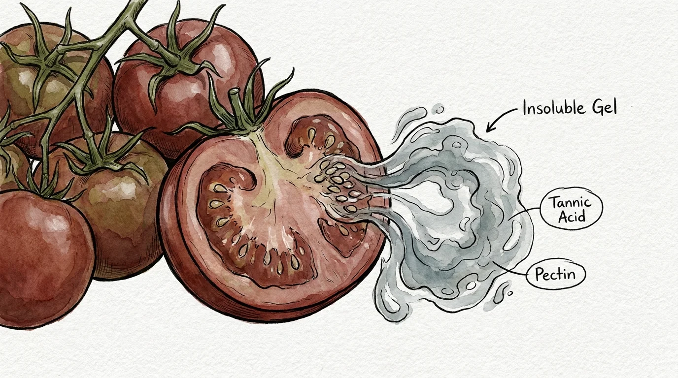 Botanical-style illustration of tomatoes showing the chemical formation of pectin gels.