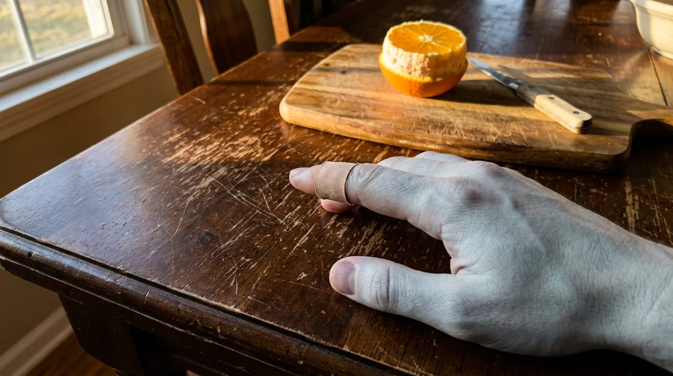 Candid photo of a hand with a bandaged finger resting on a rustic wooden table in warm afternoon light.