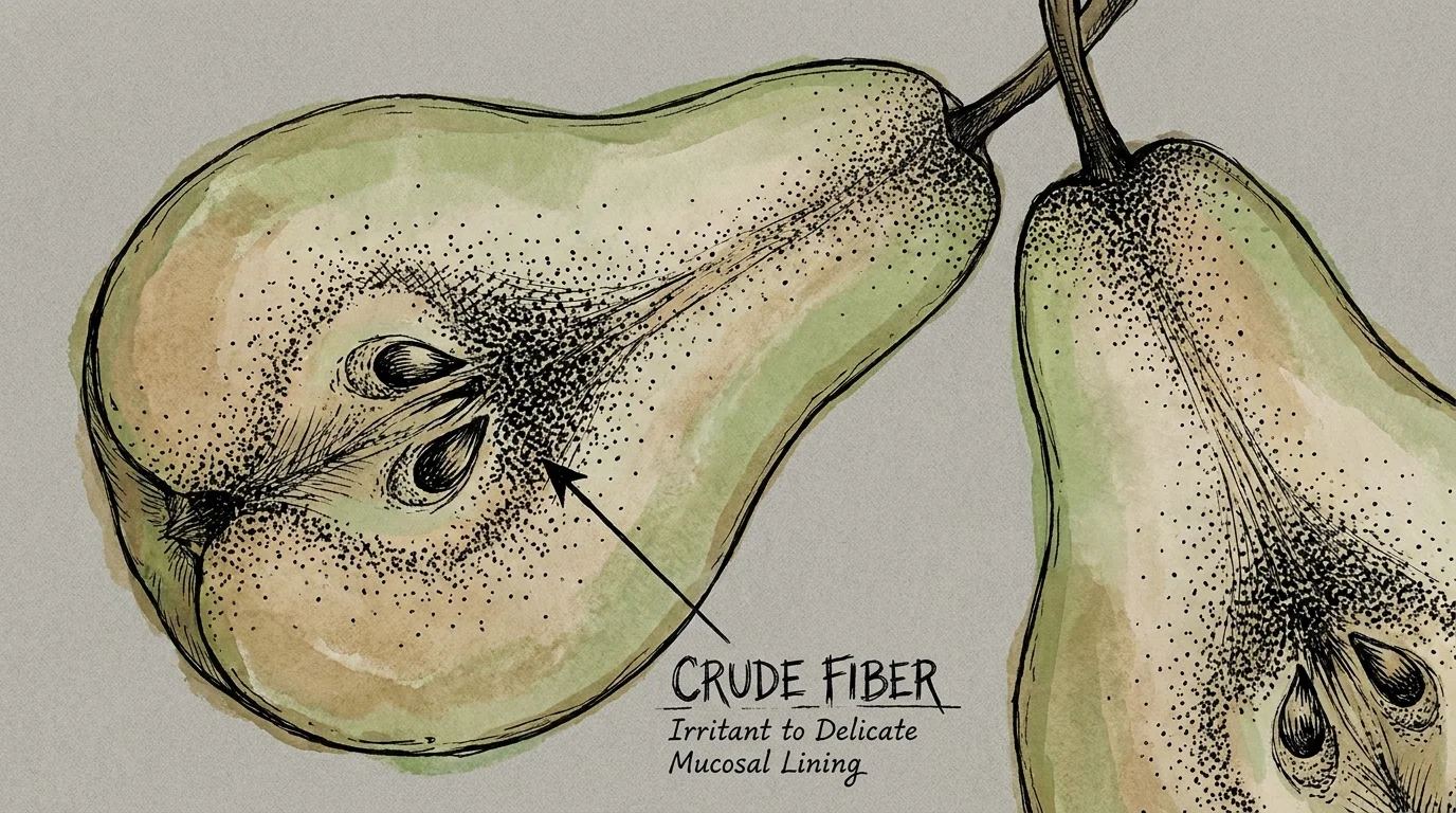 Close-up gouache illustration of a pear's interior, showing the grainy fiber texture.