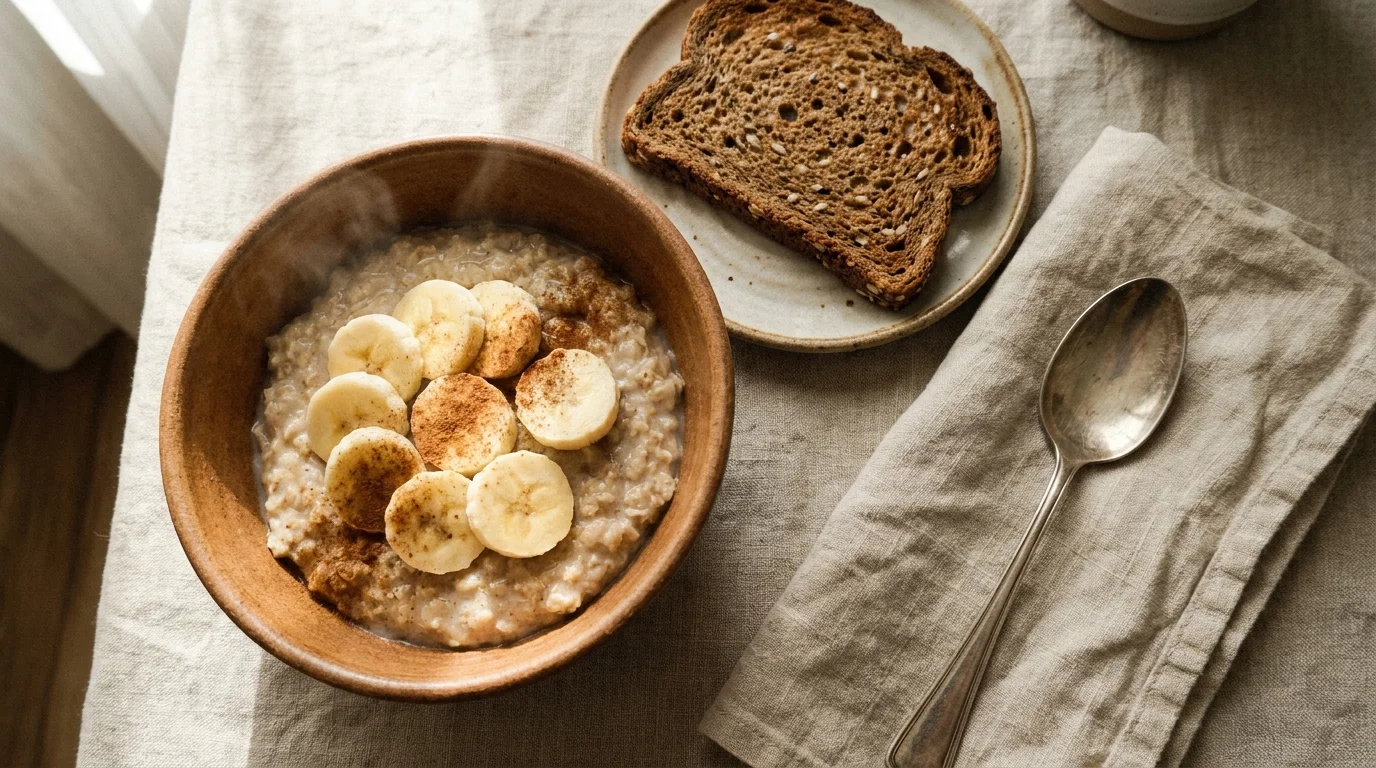 Close-up of a bowl of oatmeal and whole-grain toast in soft morning light.