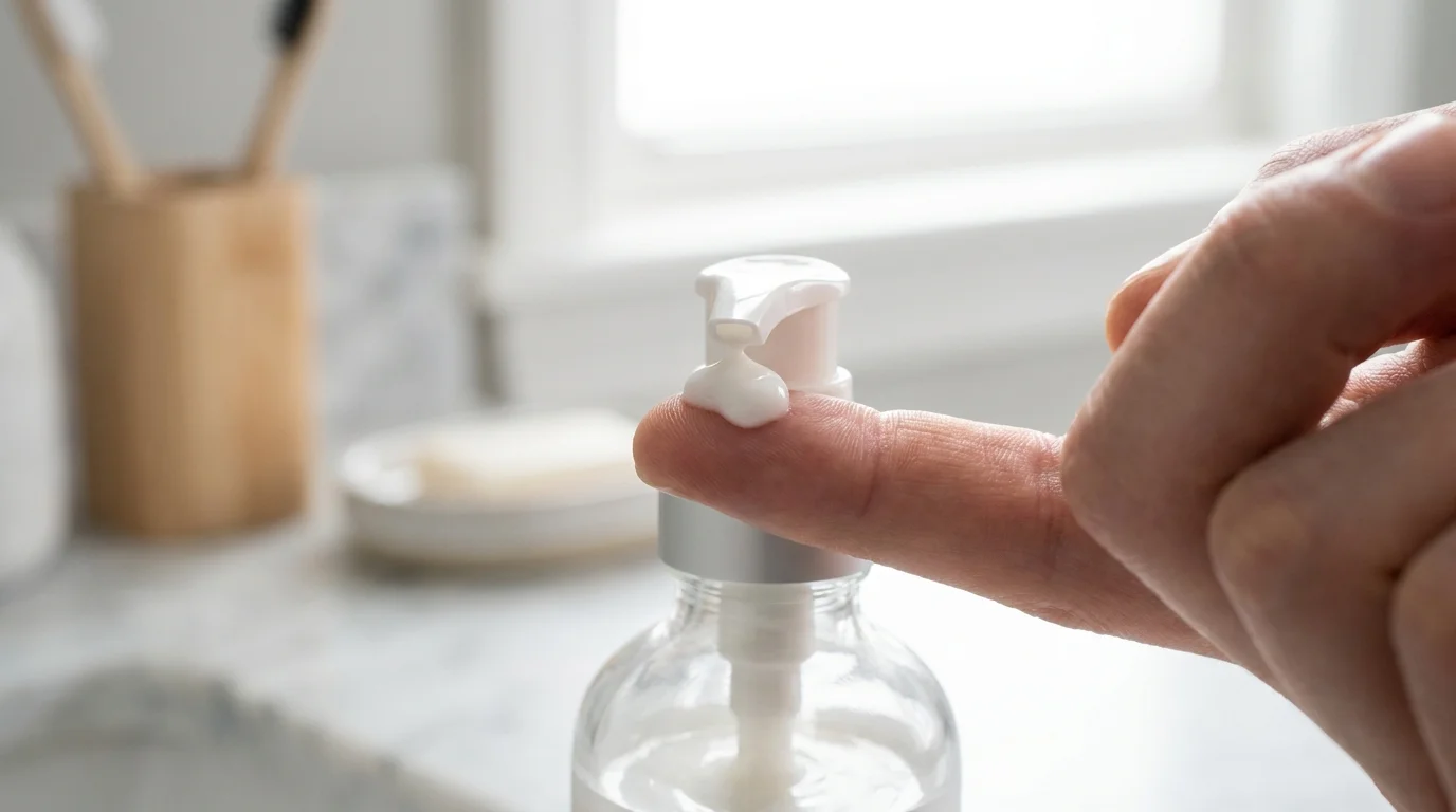 Close-up of a person applying lotion from a glass bottle, highlighting the everyday nature of scented personal care products.