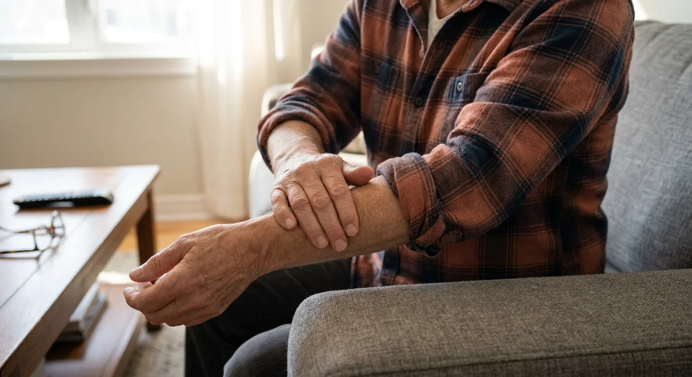 Close-up of a person massaging their forearm in a living room, a common reaction to morning numbness or tingling.