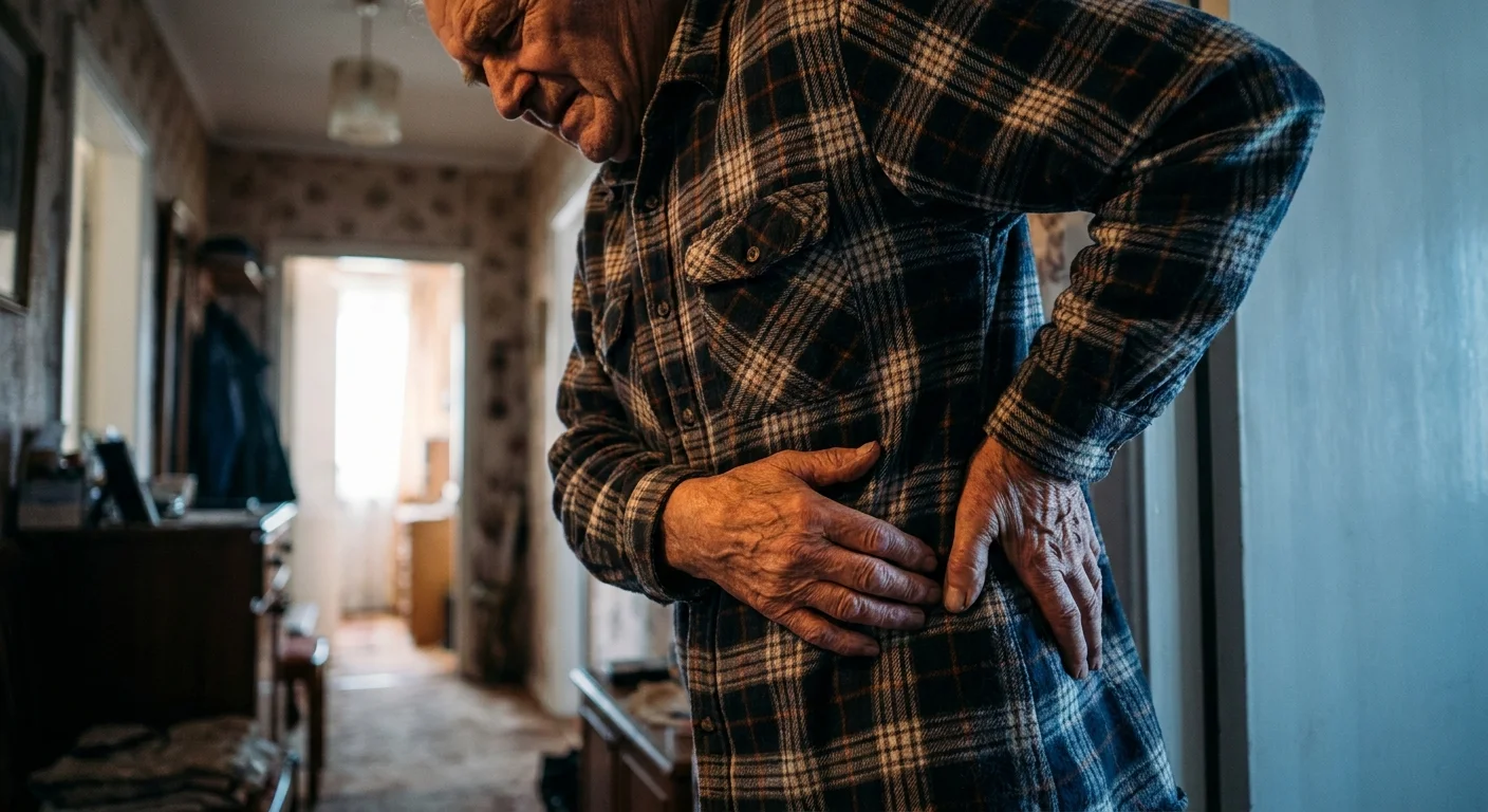 Close-up of a senior man's hands rubbing his lower back, illustrating deep, persistent bone pain.