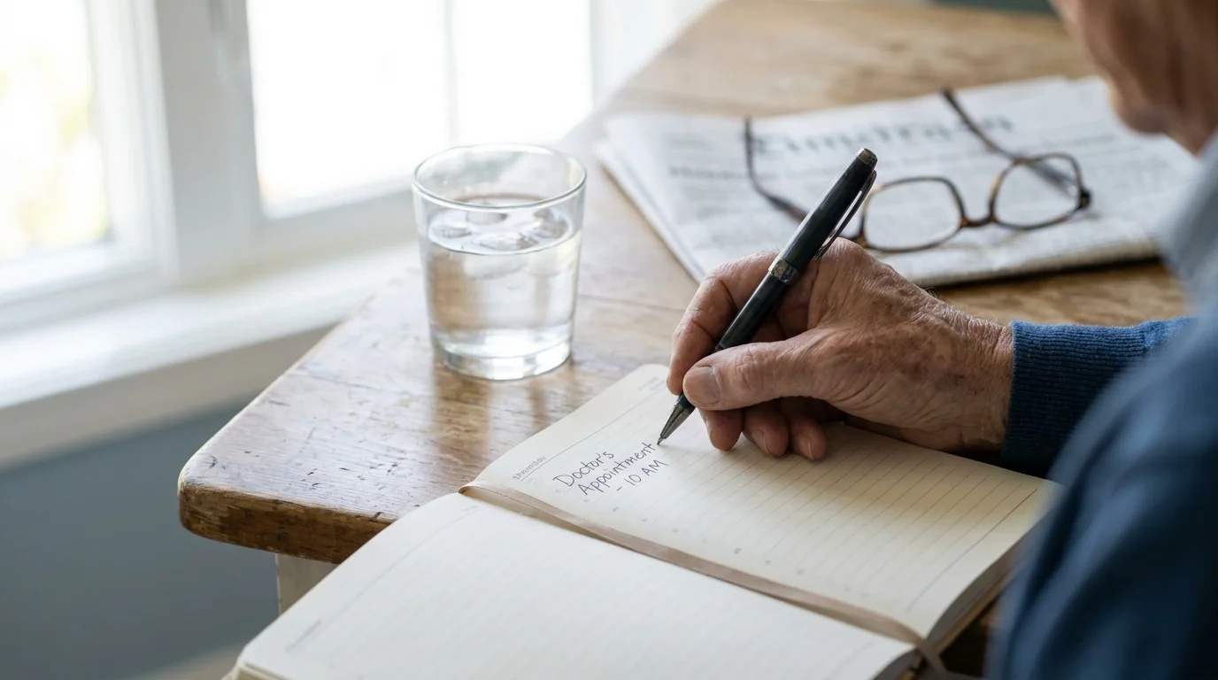 Close-up of a senior's hand writing a doctor's appointment in a planner.