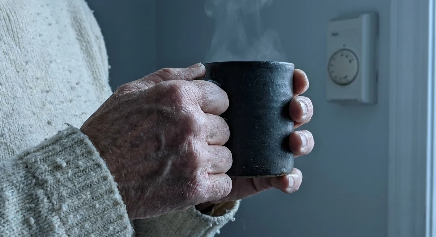 Close-up of a senior's hands in a thick wool sweater holding a steaming mug, showing sensitivity to cold temperatures.