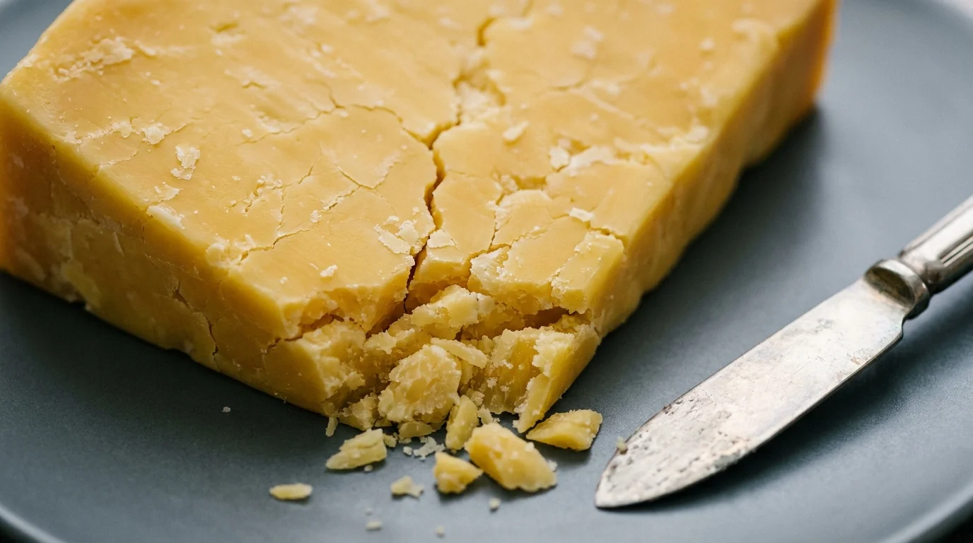 Close-up of aged cheddar cheese, highlighting the texture of tyramine-rich foods that can cause headaches.