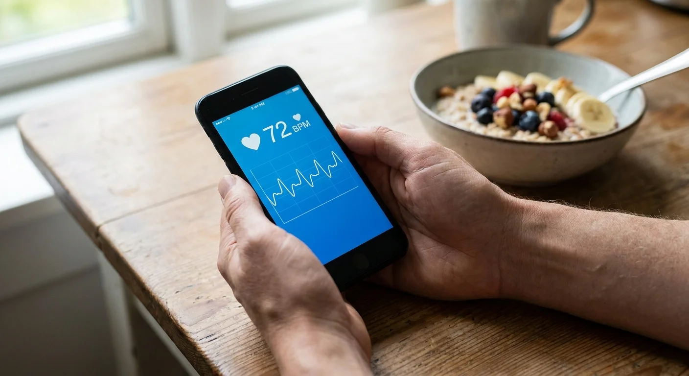 Close-up of hands holding a smartphone displaying a heart rate tracking app.