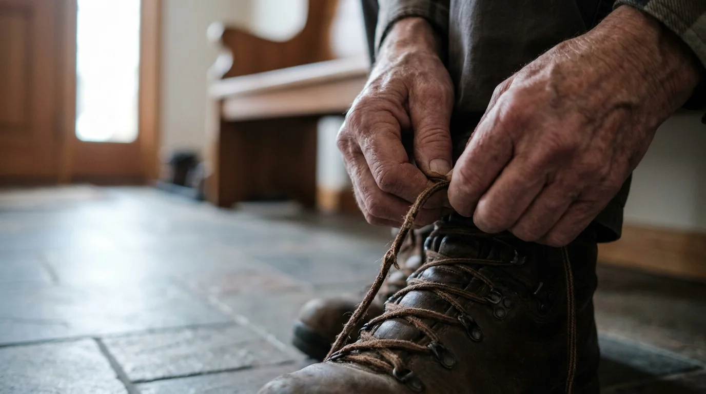 Close-up of hands stiffly tying shoelaces, illustrating joint rigidity that doesn't resolve with movement.
