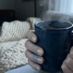 Close-up of pale hands clutching a steaming blue ceramic mug in a soft-lit living room.