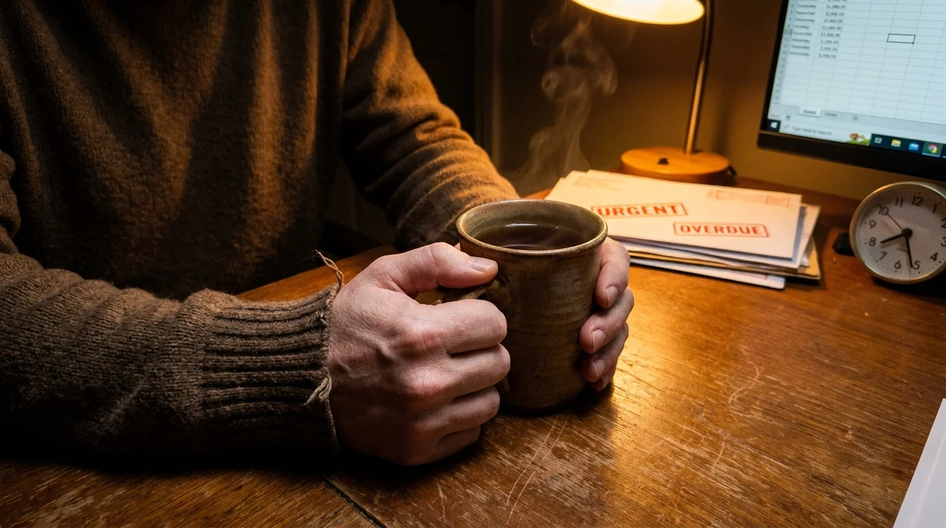 Close-up of tense hands gripping a mug on a desk with blurred bills and a clock in the background, warm lamplight.