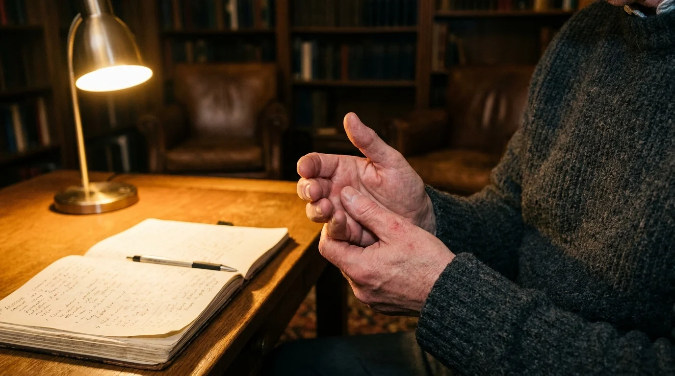 Close-up photo of a person in a wool sweater massaging their stiff finger joints at a desk.