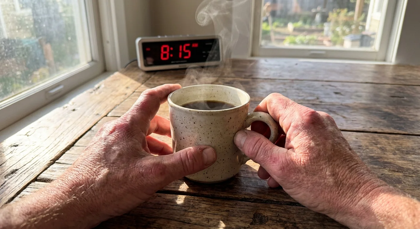 Close-up photo of stiff hands struggling to hold a coffee mug, with a clock showing 8:15 AM in the background.