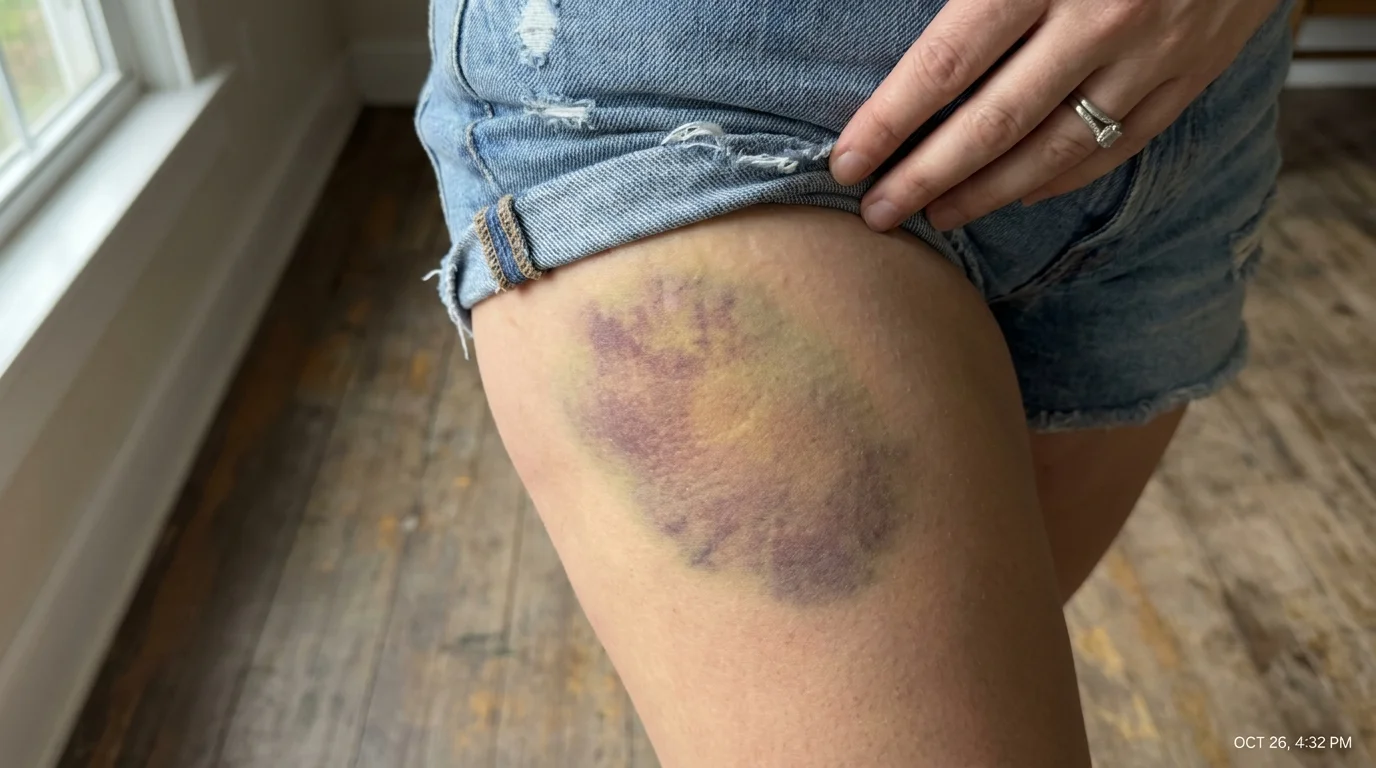 Close-up photograph of a large, healing purple and yellow bruise on a person's skin.