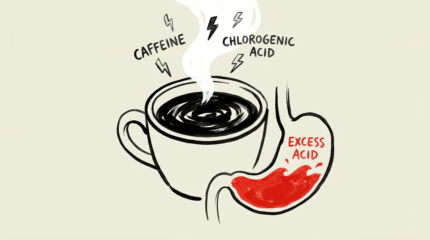 Conceptual illustration of a black coffee cup with symbols representing caffeine and stomach acid.