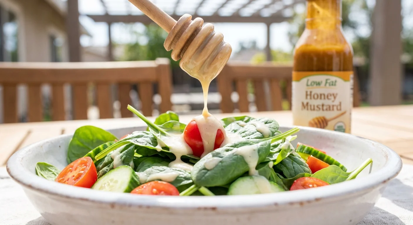 Creamy low-fat dressing being drizzled over a fresh salad of greens and tomatoes.