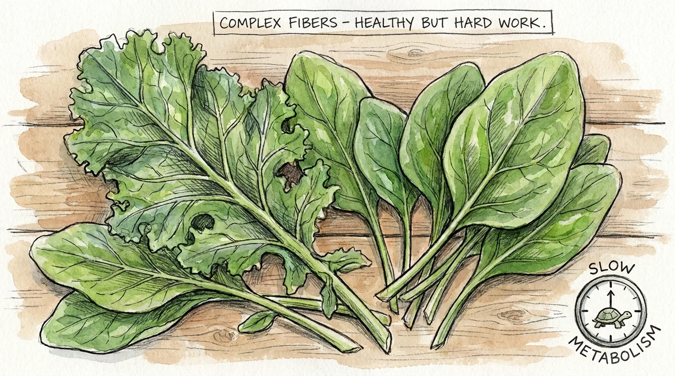 Detailed pencil and watercolor drawing of raw kale, emphasizing the tough, fibrous structure of the leaves.