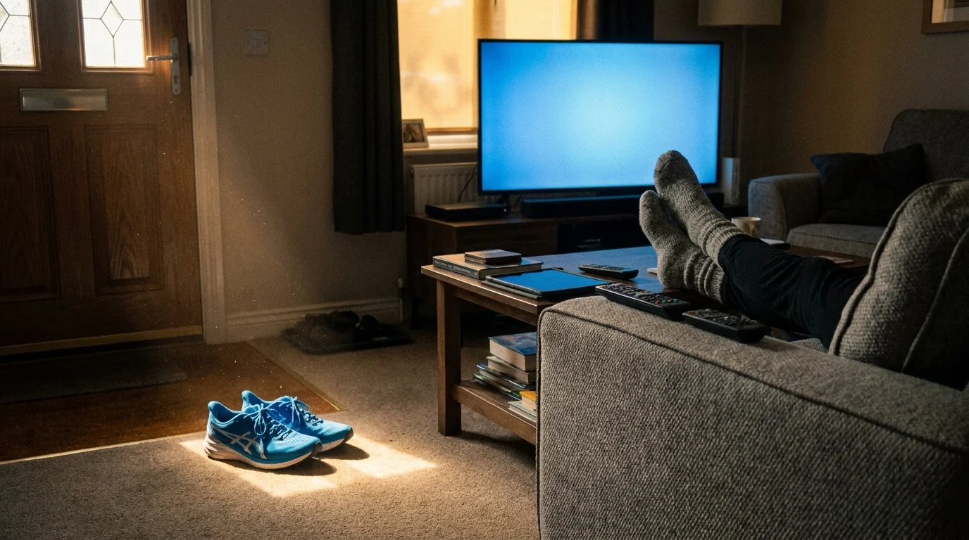 Dusty running shoes in the foreground with a person's legs resting on a couch in front of a glowing TV in the background.
