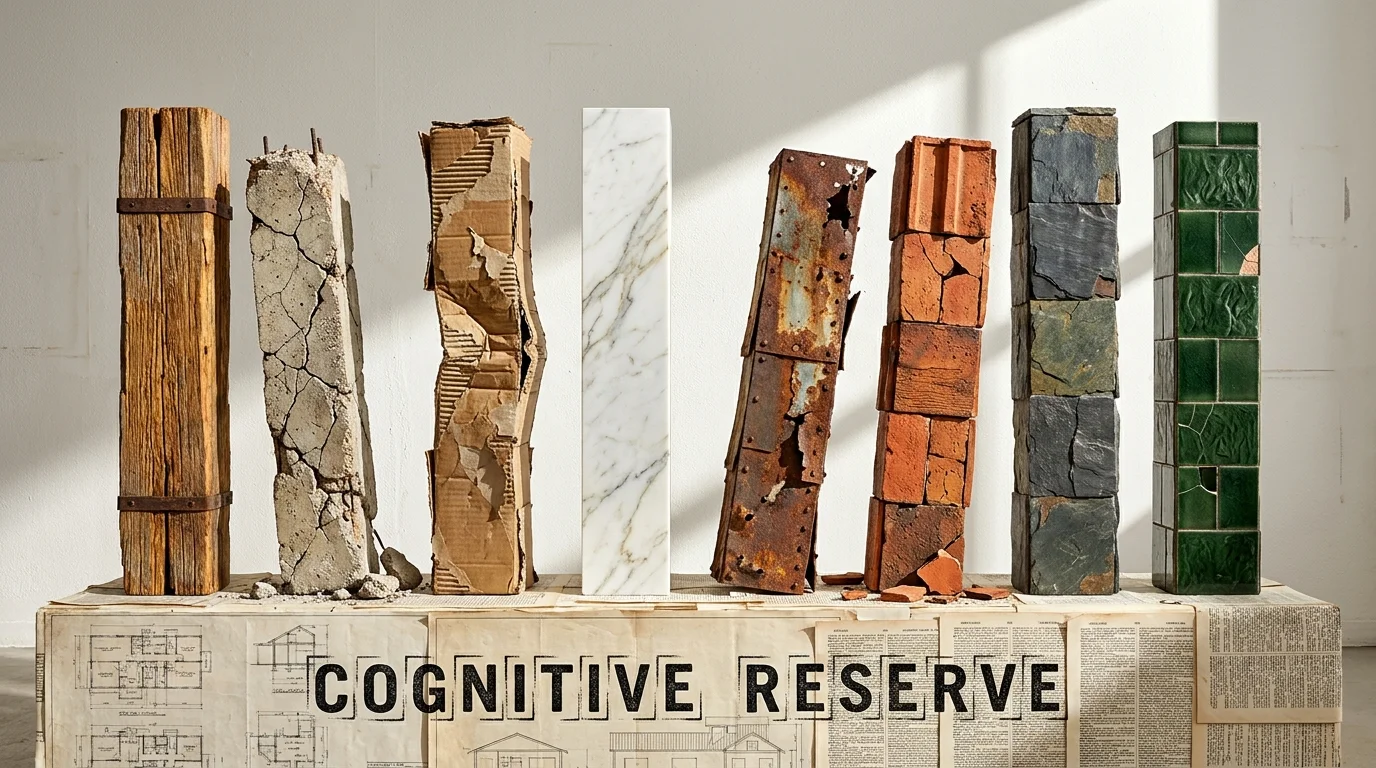 Eight conceptual pillars of different textures standing on a foundation labeled Cognitive Reserve, some appearing slightly damaged.