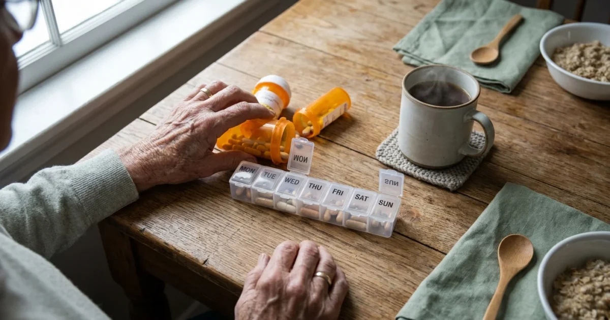 Elderly hands sorting multiple prescription pill bottles and a daily organizer on a wooden kitchen table in soft morning light.