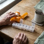 Elderly hands sorting multiple prescription pill bottles and a daily organizer on a wooden kitchen table in soft morning light.