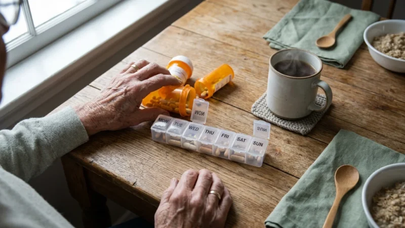 Elderly hands sorting multiple prescription pill bottles and a daily organizer on a wooden kitchen table in soft morning light.