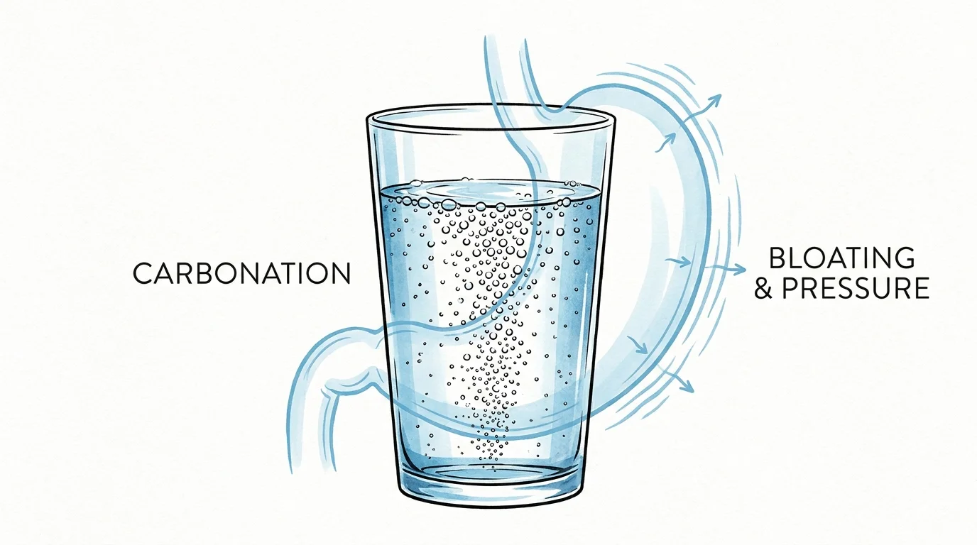 Fine-line ink drawing of a carbonated drink causing a symbolic stomach to expand from gas.