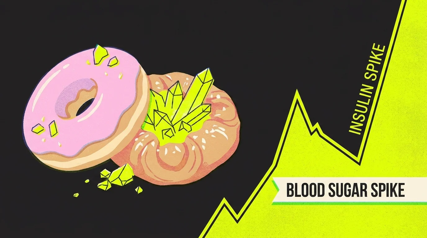 Graphic illustration of a donut with a superimposed line chart showing a sharp insulin spike.