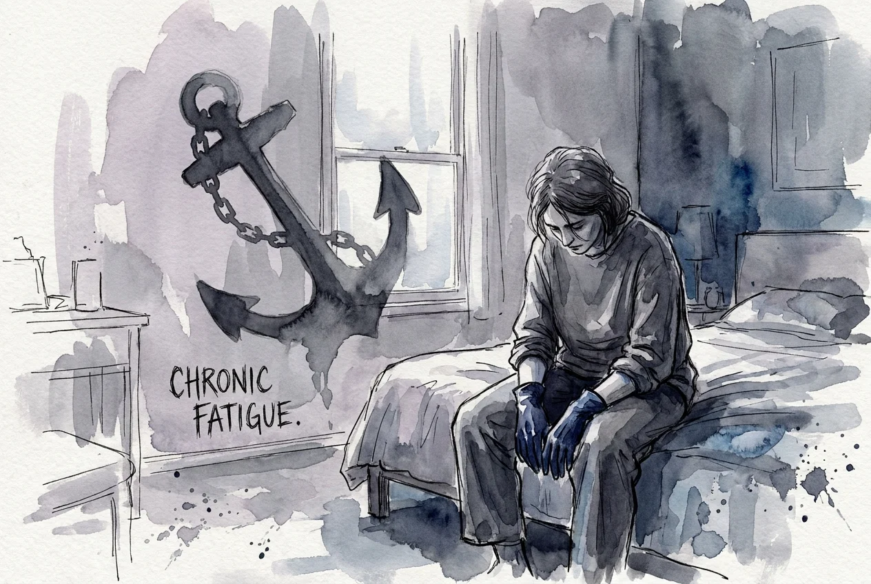 Illustration of a slumped figure with cold blue hands and a heavy anchor-shaped shadow behind them.