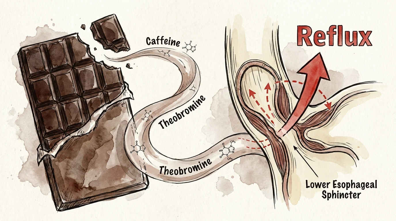 Illustration of chocolate with a symbolic representation of it causing the esophageal valve to relax.