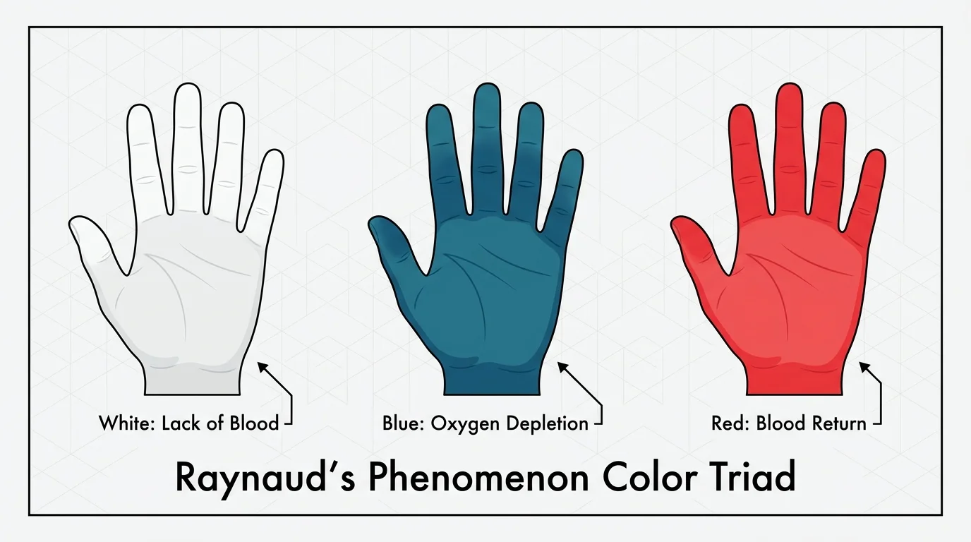 Infographic showing three hands in white, blue, and red stages of Raynaud's phenomenon with text labels.