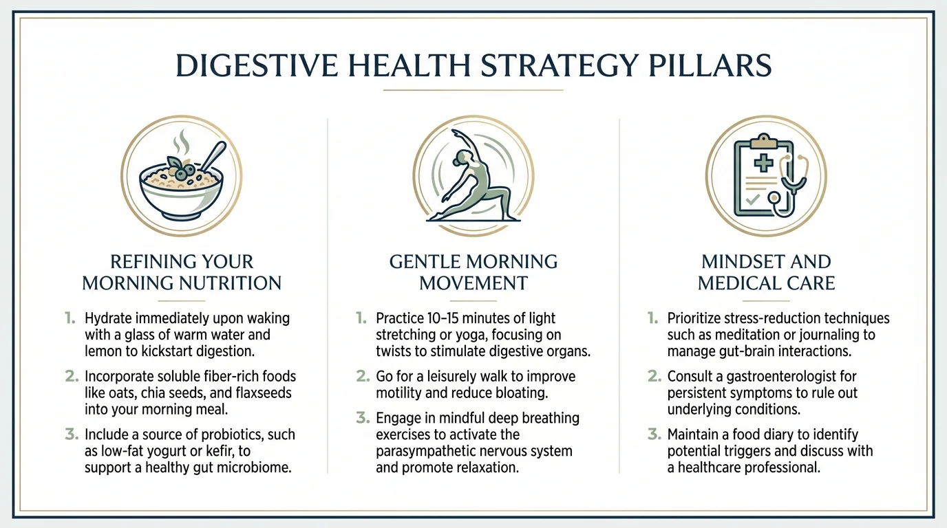 Infographic showing three pillars: nutrition, movement, and medical care for digestive health.